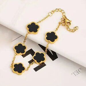 18K Gold Plated Clover Bracelet with Black Enamel